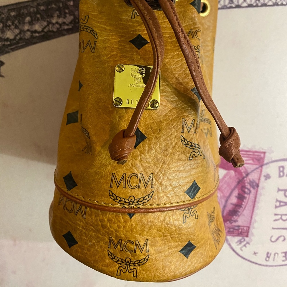 MCM brown leather draw string bucket bag